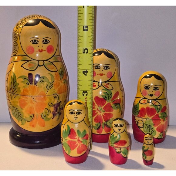 Hand-Painted Russian Nesting Dolls Set Of 6 Floral Design Wooden Dolls, Matryosk - Picture 3 of 5
